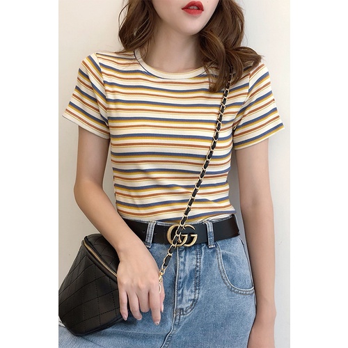 Áo Thun Dệt Kim Ngắn Tay Họa Tiết Kẻ Sọc Thời Trang Xu Hướng Cho Nữ
