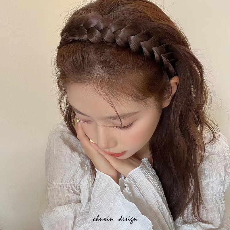 Băng Đô Dạng Tóc Giả Thắt Bím Đính Hoa Và Ngọc Trai Chống Trượt Thời Trang Cho Nữ