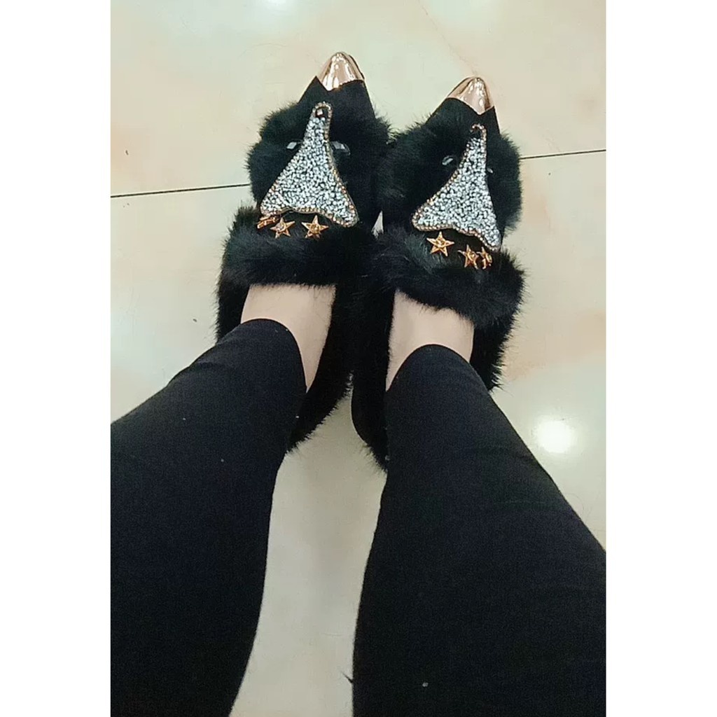 Giày Hồ Ly bông xù đính đá  2 màu Size 35->39
