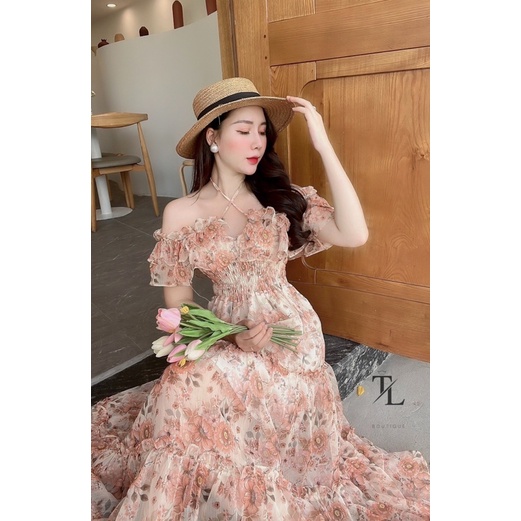 Váy maxi tơ hoa trễ vai, hàng thiết kế  - V024