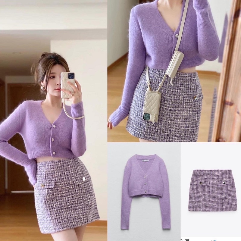 Set cardigan tím + chân váy tweed tím Za.ra (kèm ảnh thật)
