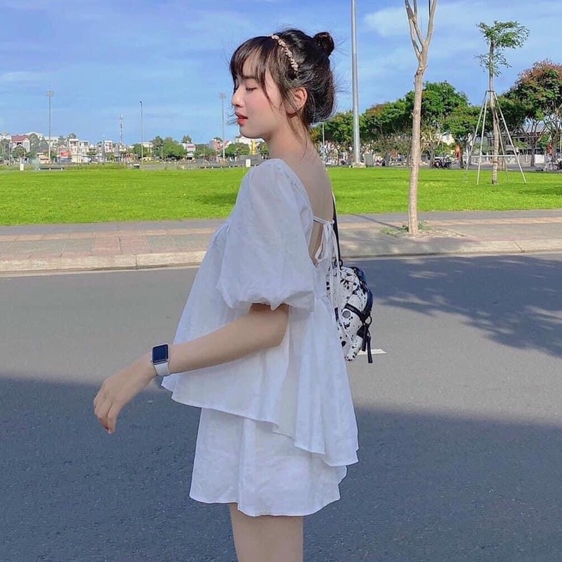 Set Babydoll Đũi Tay Bồng Tiểu Thư CAROLL Nữ 💯 FREESHIP 💯  Bộ Hè Trơn Lụa Phối Dây Lưng Kèm Short Kiểu Dáng Bánh Bèo HOT