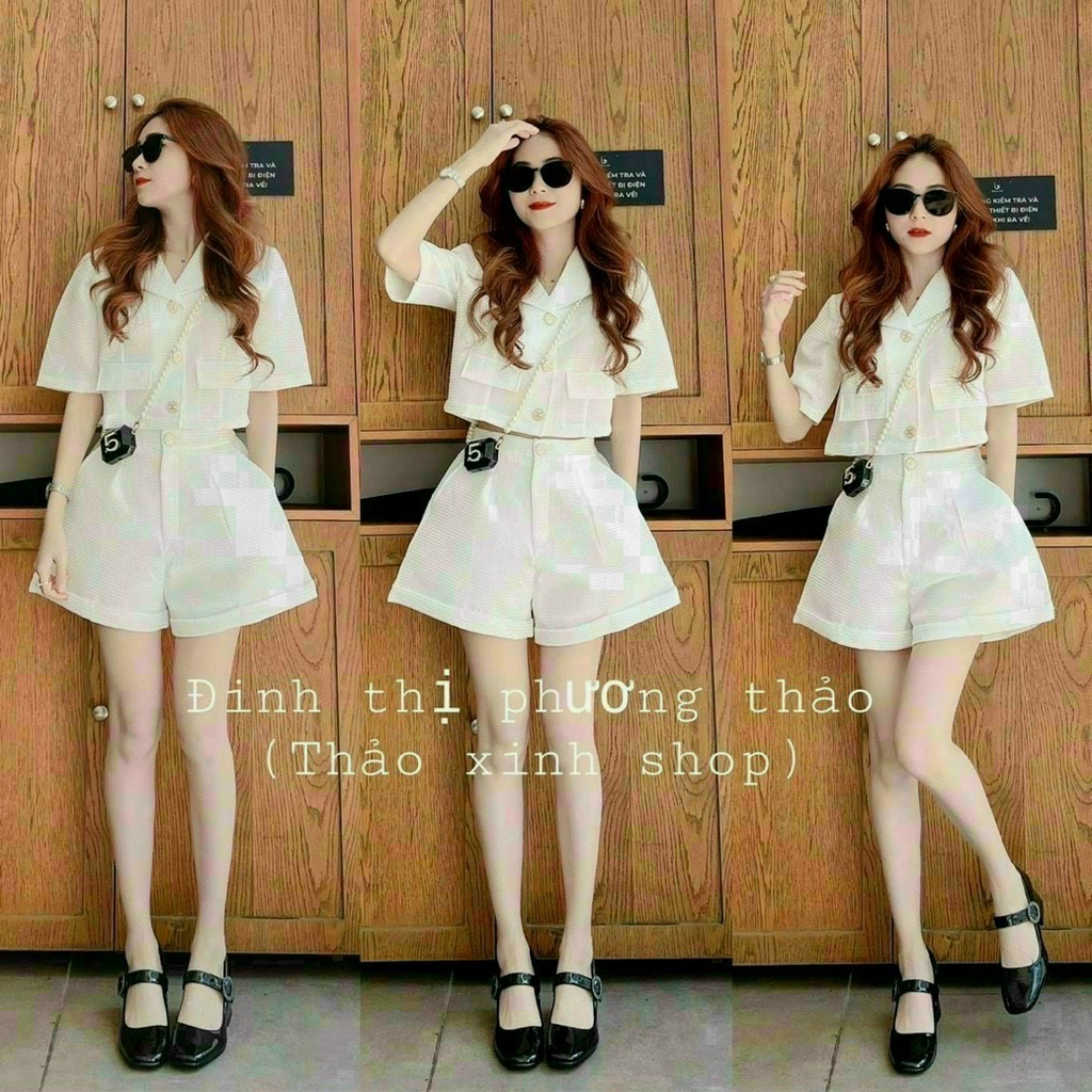 Set áo đính nút sành điệu phối quần ngắn ống rộng năng động thoải mái cho bạn gái đi chơi nhé