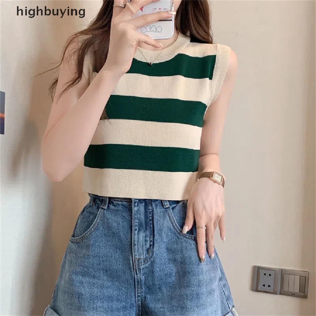 Áo Lửng Không Tay Họa Tiết Sọc Ngang Thời Trang Dành Cho Nữ