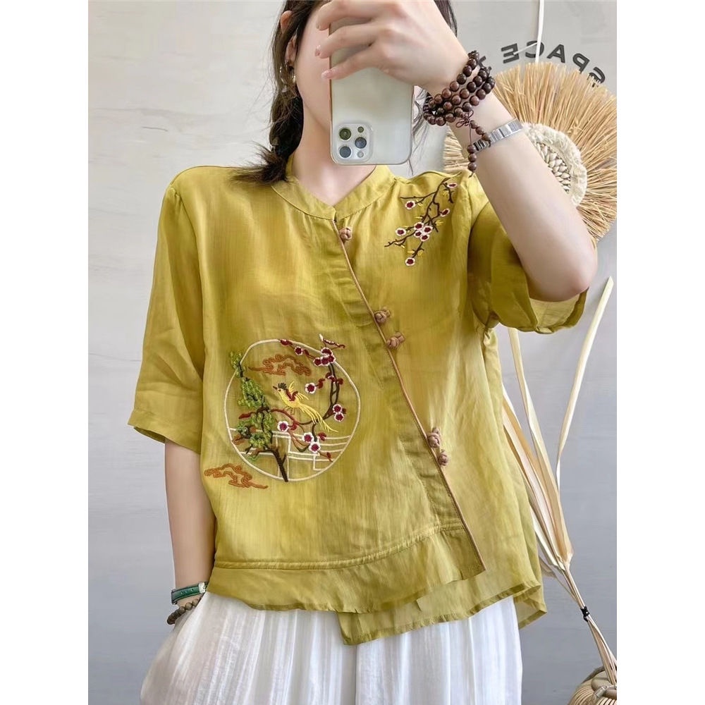 ICE Cotton and Linen Top Embroidered Printed Chinese Button Knots Sun Protection Shirt Japanese and Korean Foreign Trade Original Sample Women's Clothes Cotton and Linen