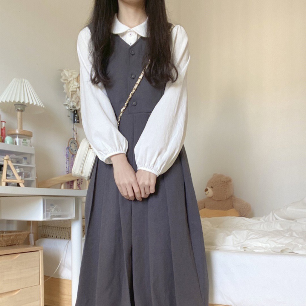 Set Áo Sơ Mi Cổ Búp Bê + Đầm Hai Dây Phong Cách Retro Pháp Hàng Mới 2023