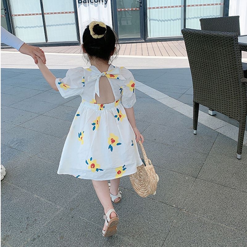 Đầm Công Chúa Mùa Hè Tay Cộc Hở Lưng In Họa Tiết Hoa Phong Cách Hàn Quốc Cho Bé Gái