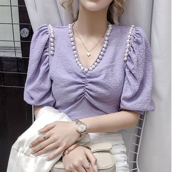 Áo Chiffon Tay Ngắn Cổ Chữ V Xếp Ly Ôm Dáng Đính Ngọc Trai Thời Trang Mùa Hè Hàng Mới Dành Cho Bạn Nữ