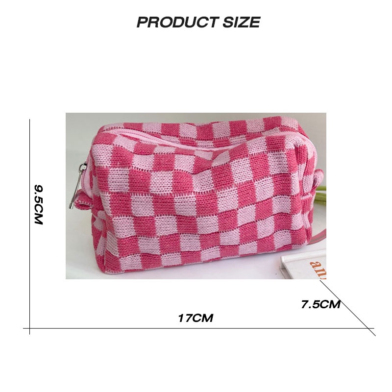 Túi đựng mỹ phẩm YADOU vải len dệt kim họa tiết kẻ sọc ca rô màu sắc tương phản phong cách Hàn Quốc sức chứa lớn