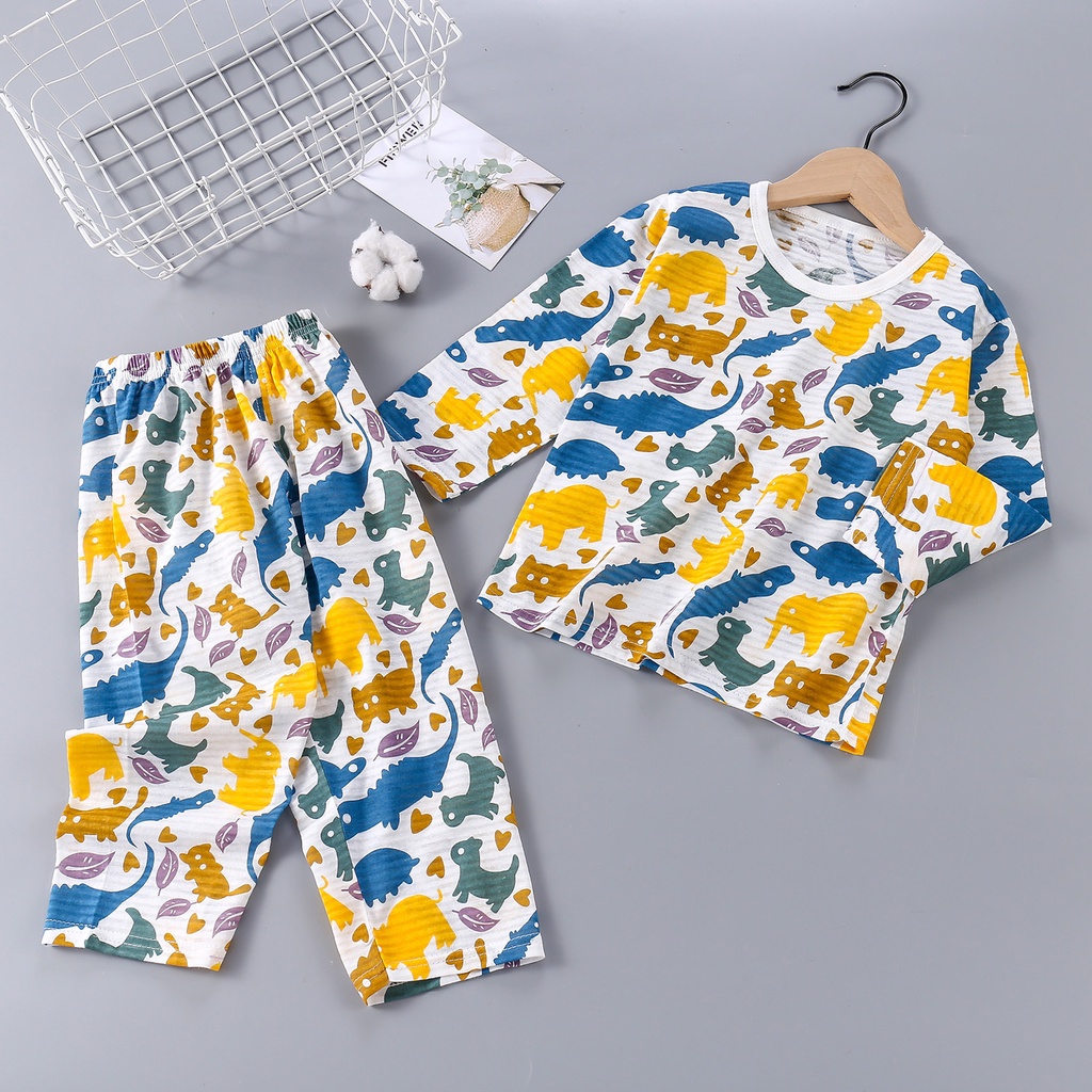 Bộ đồ ngủ YAOEENH tay dài chất cotton nguyên chất thoáng khí trọng lượng nhẹ cho bé trai 90-140cm