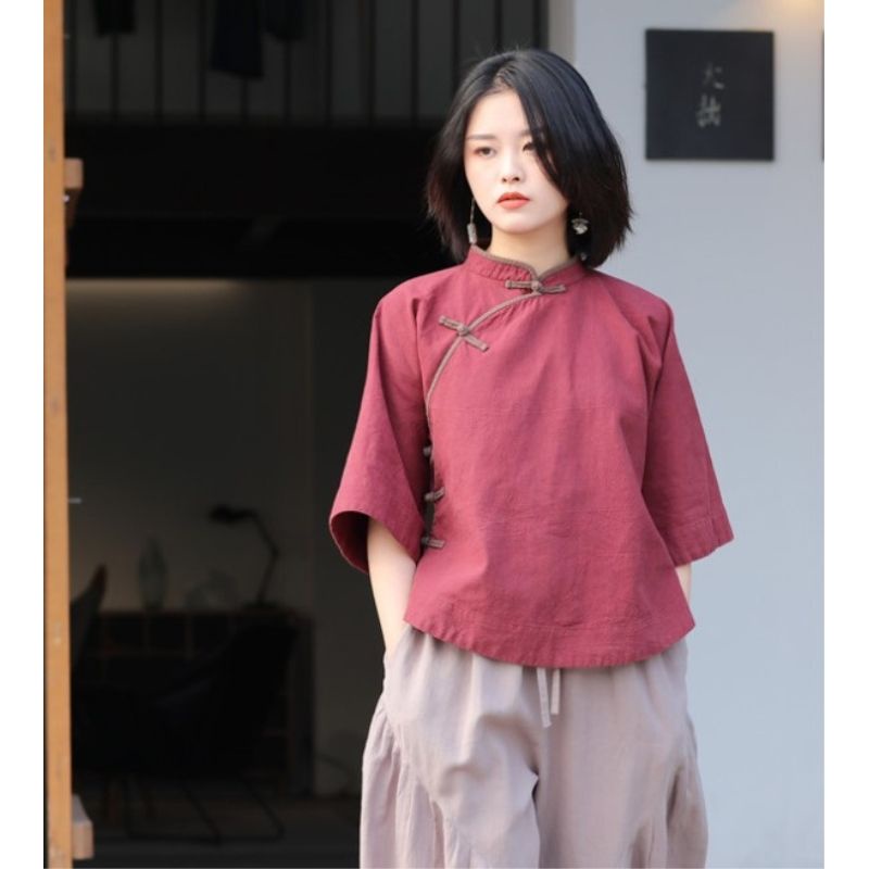 Áo Sơ Mi Cổ Đứng Bằng Cotton Linen Phong Cách Trung Hoa Cổ Điển Thời Trang Mùa Hè Cho Nữ