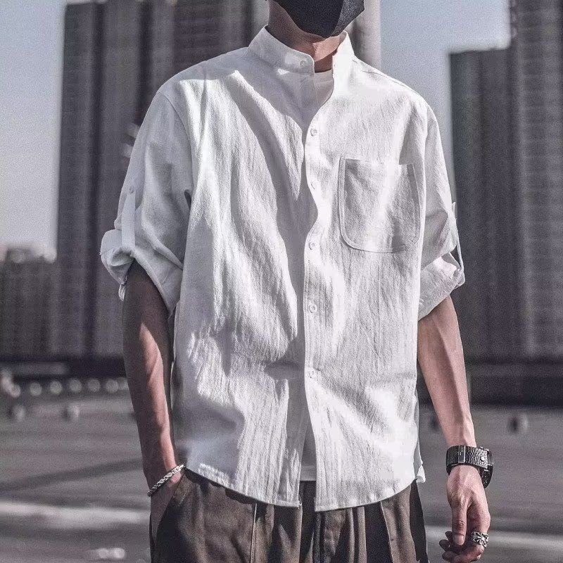 Áo Sơ Mi Vải Lanh Cotton Mỏng Cổ Đứng Dáng Rộng Ba Lớp Màu Trơn Kiểu Retro Mỹ Cho Nam