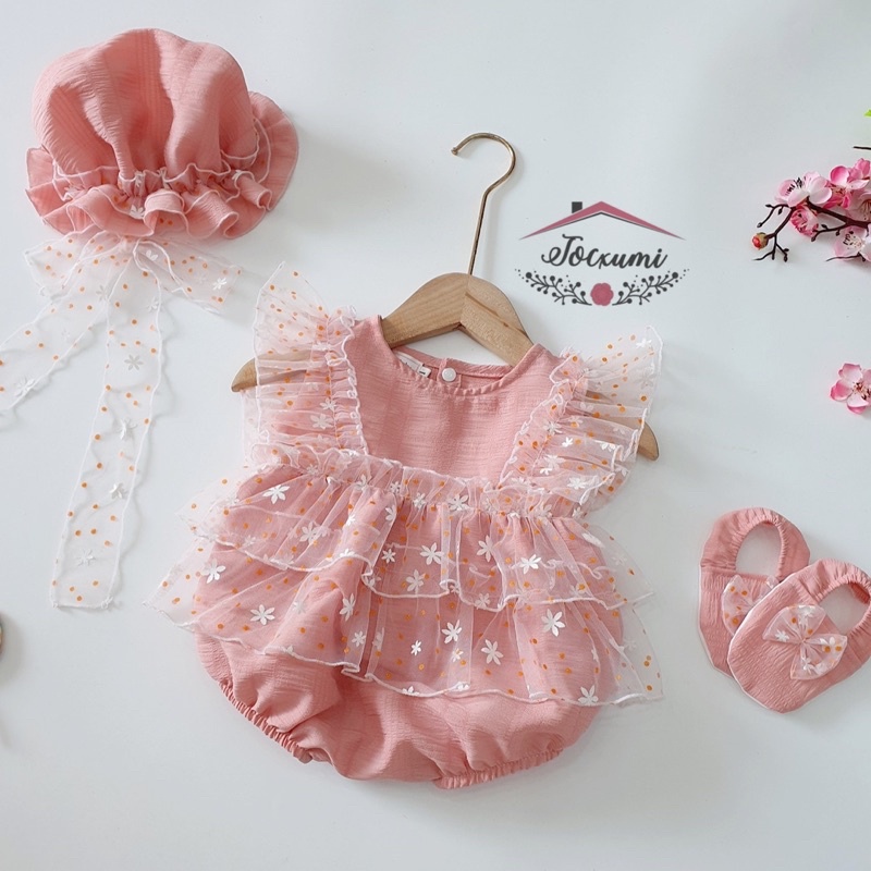 Bộ liền thân hồng cam cánh tiên phối lưới hoa bi siêu cưng - Tocxumi