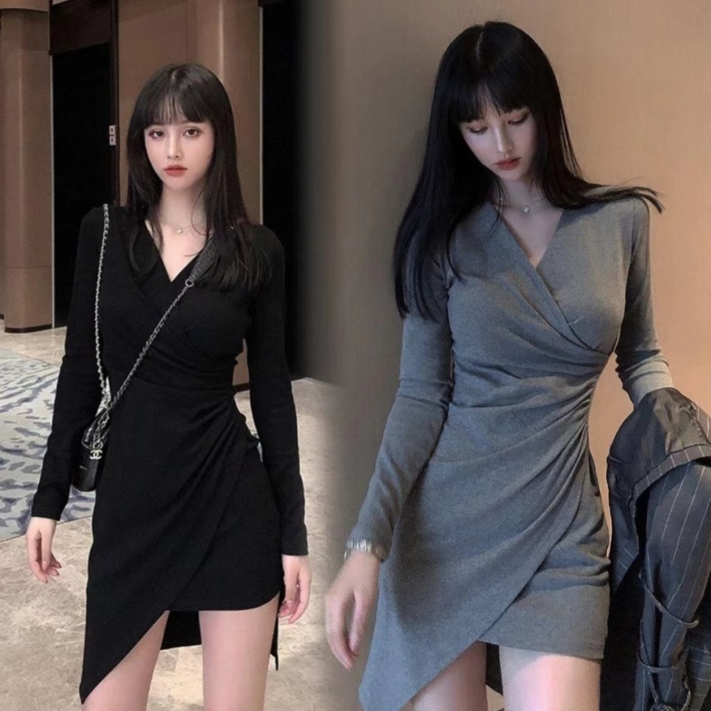 T Classy Đầm Ôm Hông Cổ Chữ V Màu Trơn Quyến Rũ Thời Trang Mùa Thu Nóng Bỏng Irre