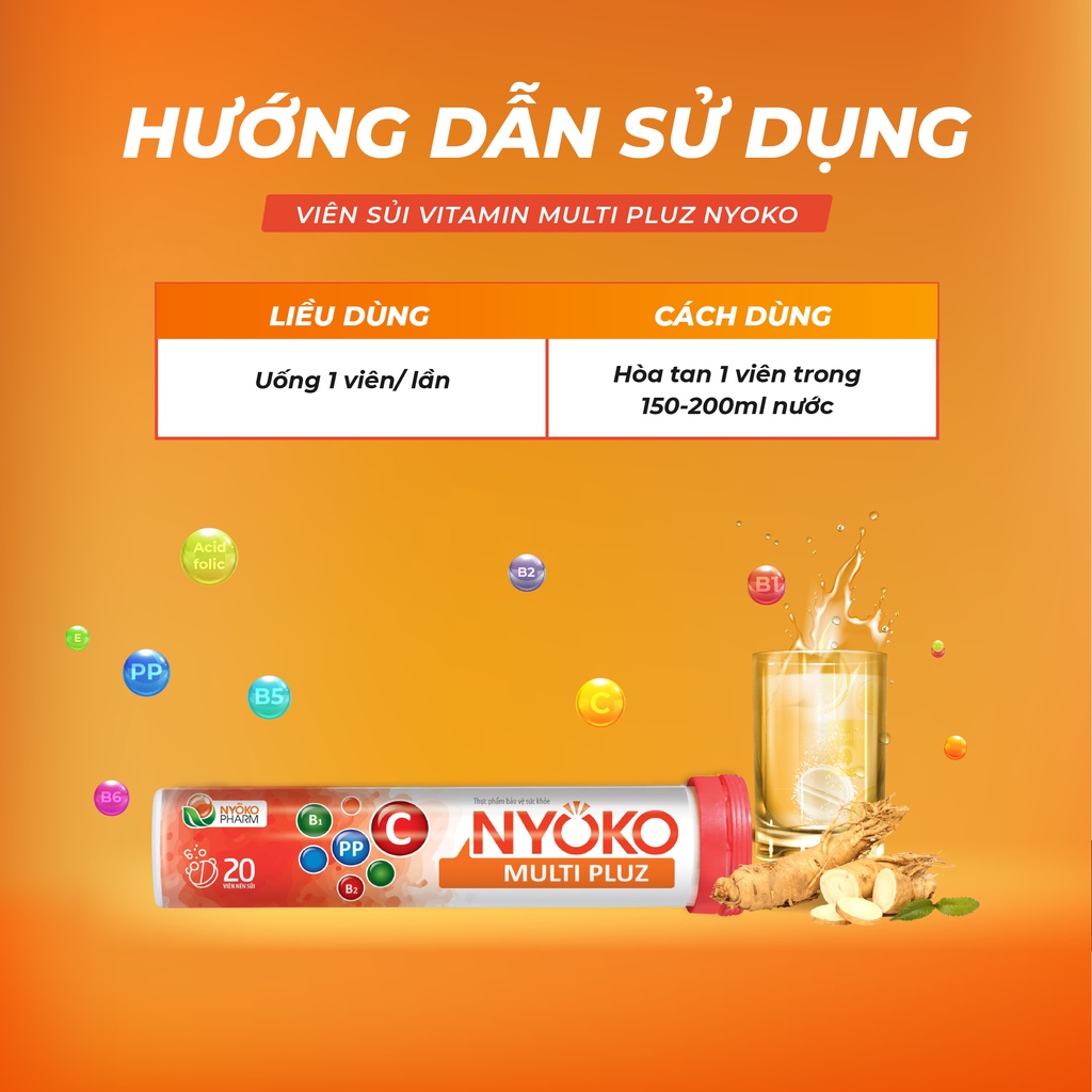 Viên sủi vitamin Multi Pluz NYOKO có chiết xuất nhân sâm tăng sức đề kháng cho cơ thể hộp 1 lọ 20 viên
