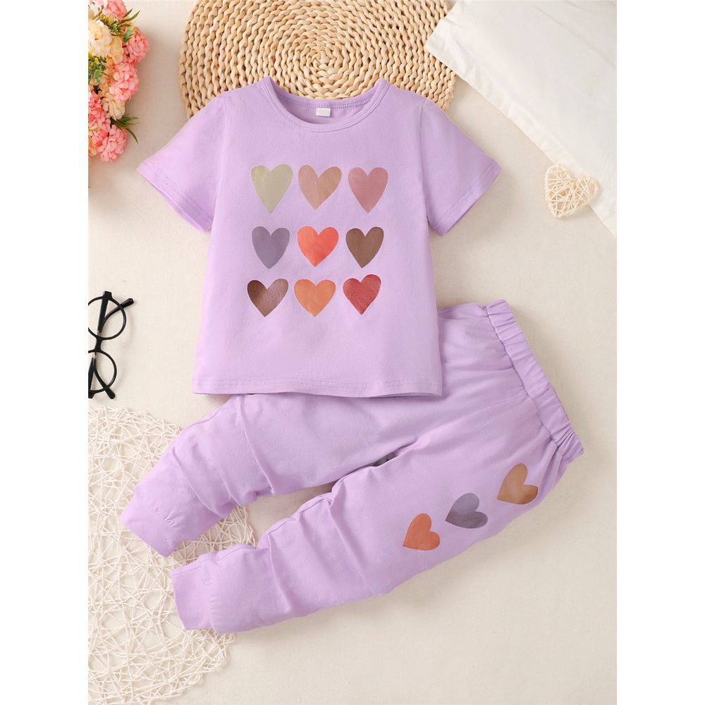 Set đồ mùa hè MIKRDOO 2 món gồm áo thun tay ngắn và quần dài in họa tiết trái tim cho bé gái 4-7 tuổi