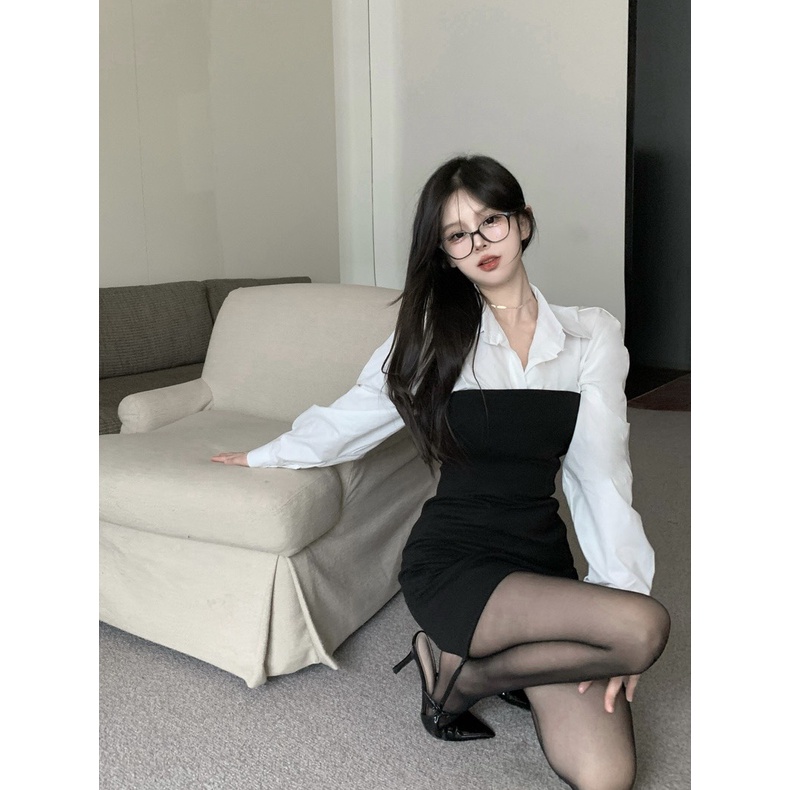 Đầm Ôm Body Dáng Chữ A Phối Áo Sơ Mi