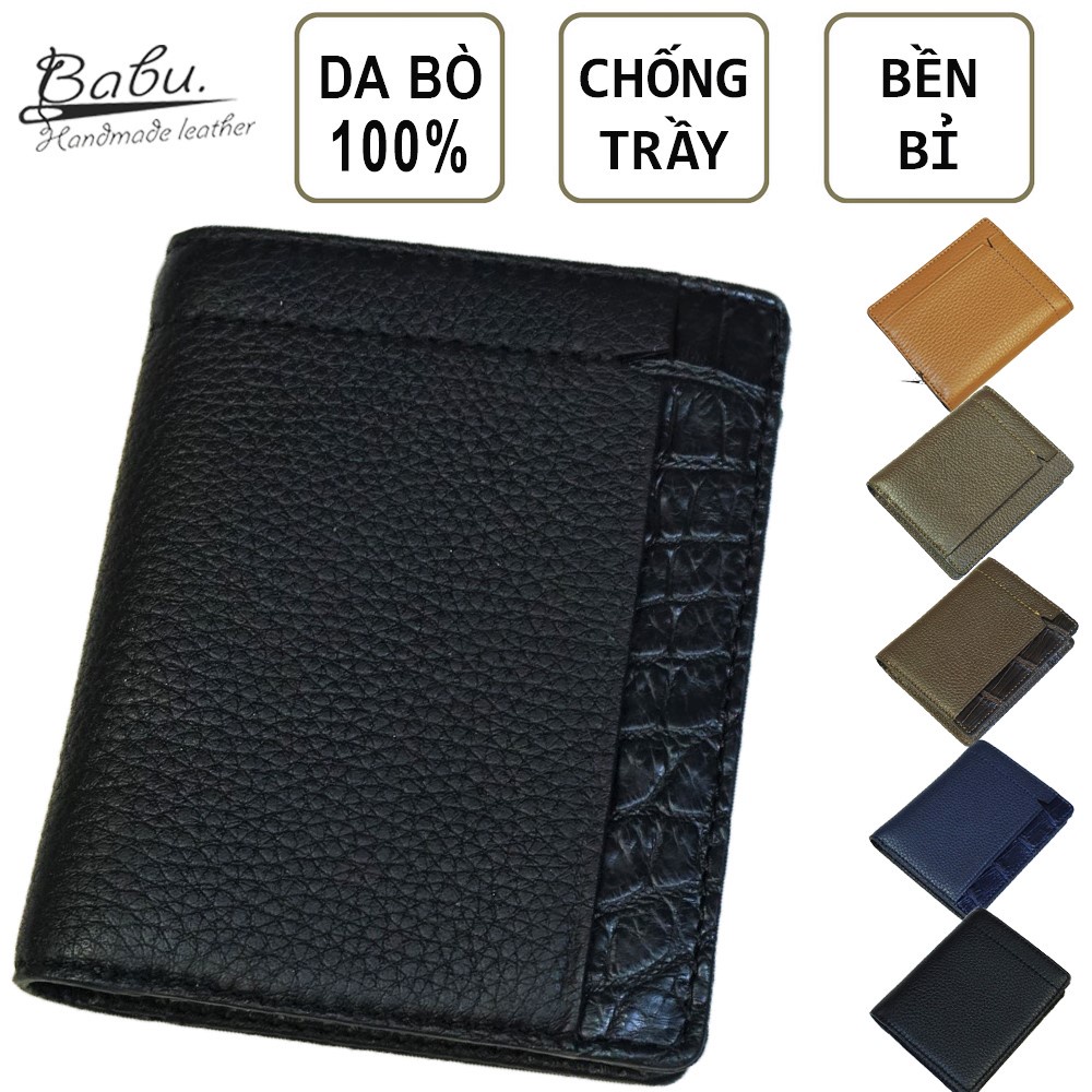 Ví nam da bò Milled Babu Handmade,  bóp da bò đen phối bóp da cá sấu cho nam WL195