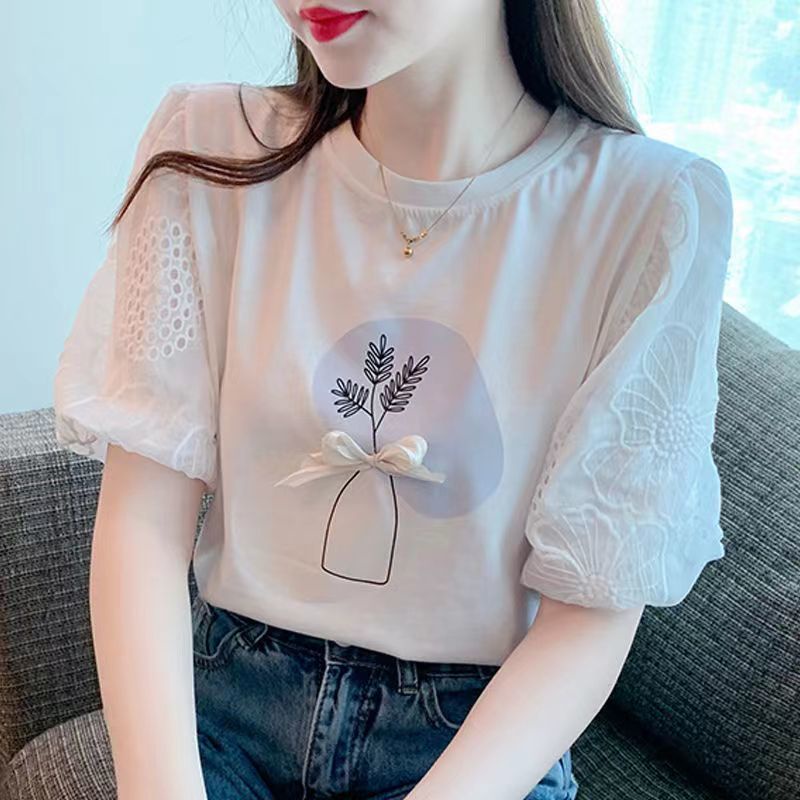 Áo Thun Cộc Tay Phối Ren Và Nơ Thời Trang Mùa Hè WGQ5