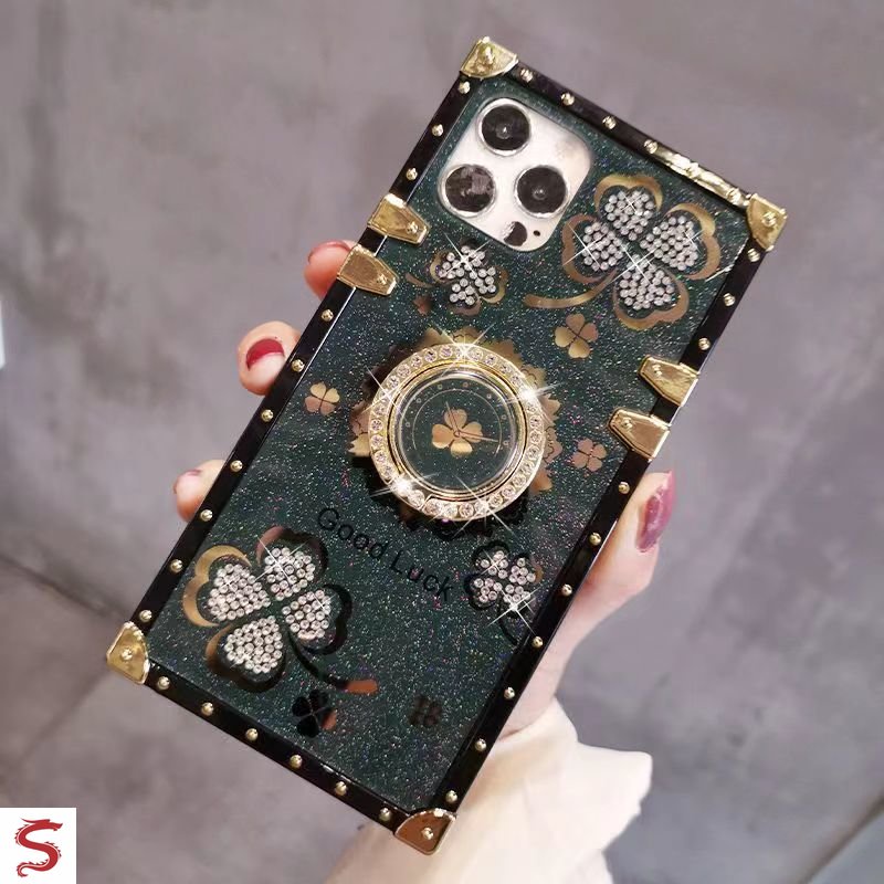 Ốp Điện Thoại Hình Vuông Họa Tiết Cỏ Bốn Lá Đính Kim Cương Giả Sang Trọng Cho Iphone 11 Pro Max 12 Pro Max XS XR 8 7Plsu 6Plus 6s