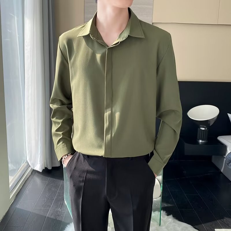 Áo Sơ Mi Vải Lụa Lạnh Mỏng Cao Cấp Dáng Rộng Tay Dài Màu Trơn Thời Trang Mùa Thu 2022 Phong Cách Hàn Quốc Cho Nam