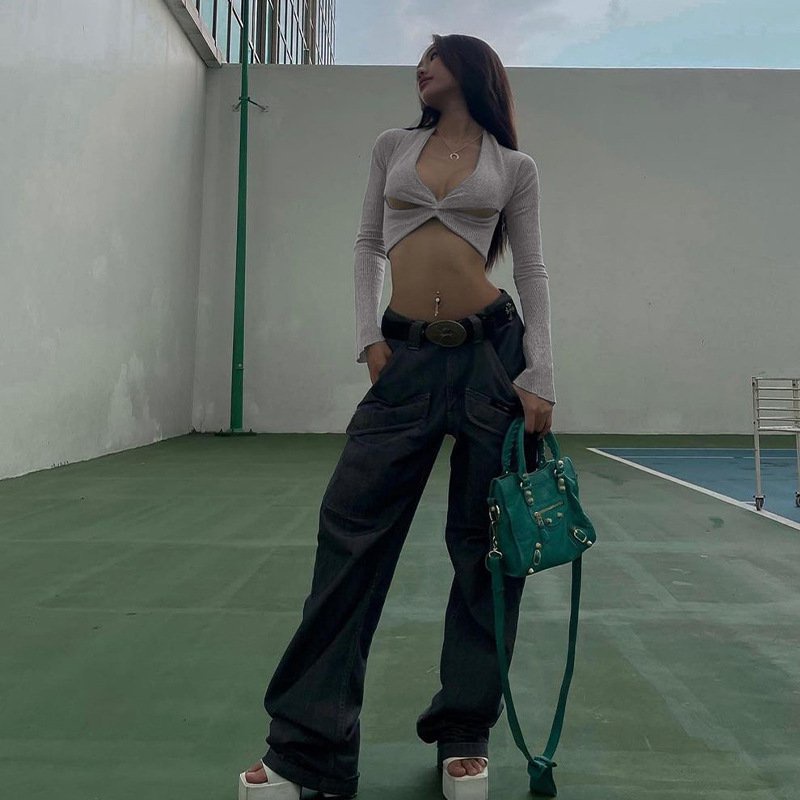 Áo Len Tay Dài Xám Cut Out Xẻ Ngư.c, Áo Croptop Dệt Kim Dài Tay Sexy Ulzzang