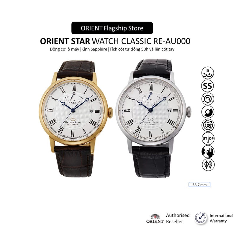 Đồng hồ cơ nam Orient Star Watch Classic RE-AU000 máy tích cót 50 tiếng mặt kính Sapphire chống xước dây da chính hãng