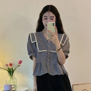 Áo kiểu tay ngắn phồng phối ren họa tiết sọc caro phong cách retro