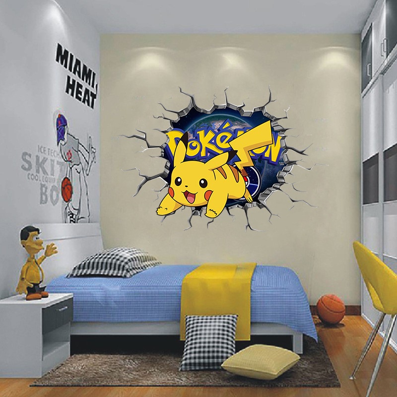 Sticker Dán Tường Tự Dính Bằng Pvc Hình Pikachu Hoạt Hình Trang Trí Phòng Ngủ Cho Bé Trai