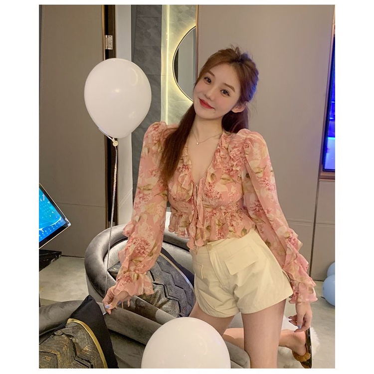 Áo Sơ Mi Ngắn Dáng Ôm In Hoa Phối Bèo Kiểu Pháp Thời Trang Mùa Hè Xinh Xắn Cho Nữ