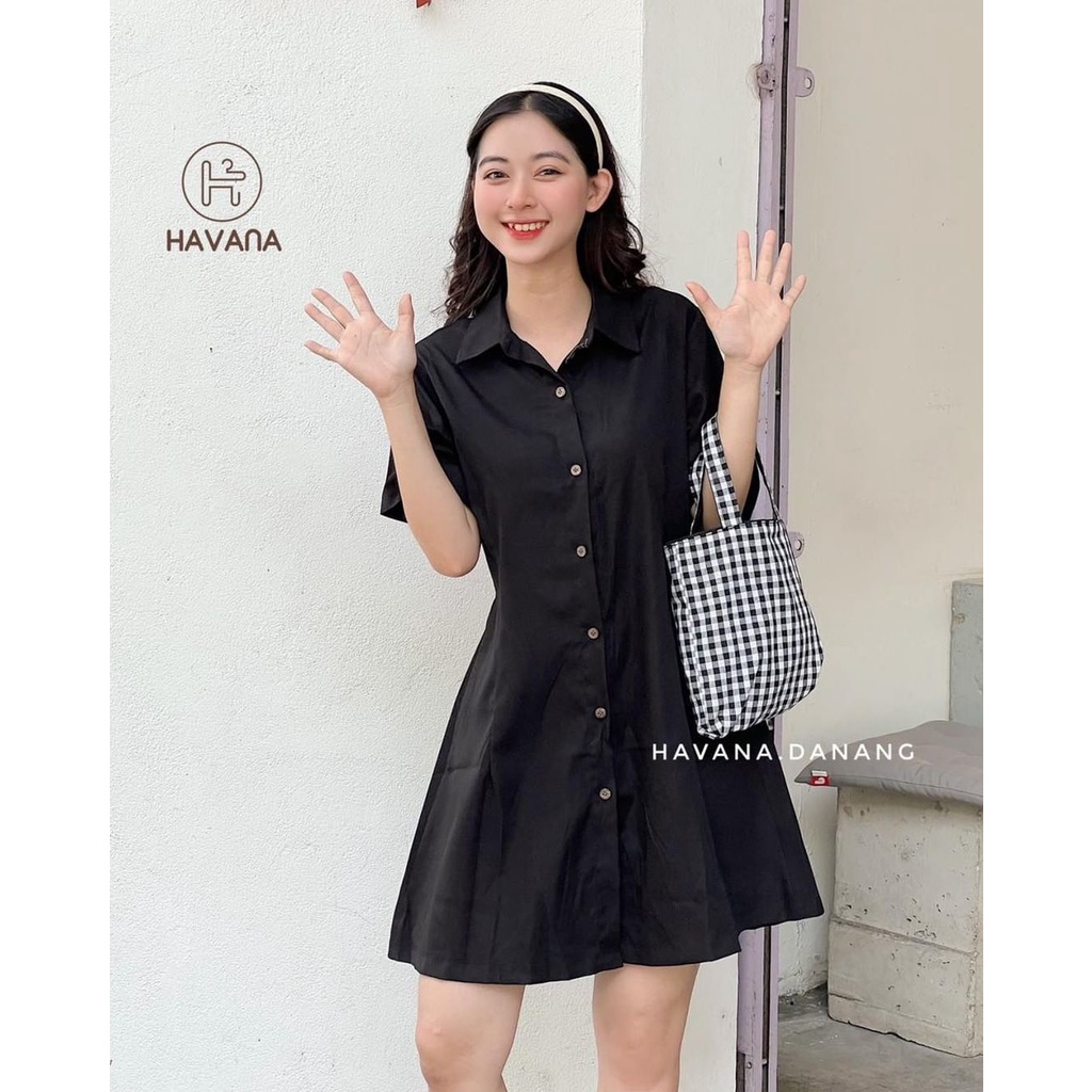 Váy sơ mi cúc gỗ có túi PIKA.CLOTHINGG dáng chữ A có bo chun lưng, Váy polo cổ sơ mi dáng dài chất 2 da thô mềm