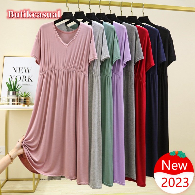 Đầm Cotton Trơn Mỏng Dáng Rộng Cổ Chữ V Tay Ngắn Thời Trang Mùa Hè 2023 Mới Cho Nữ