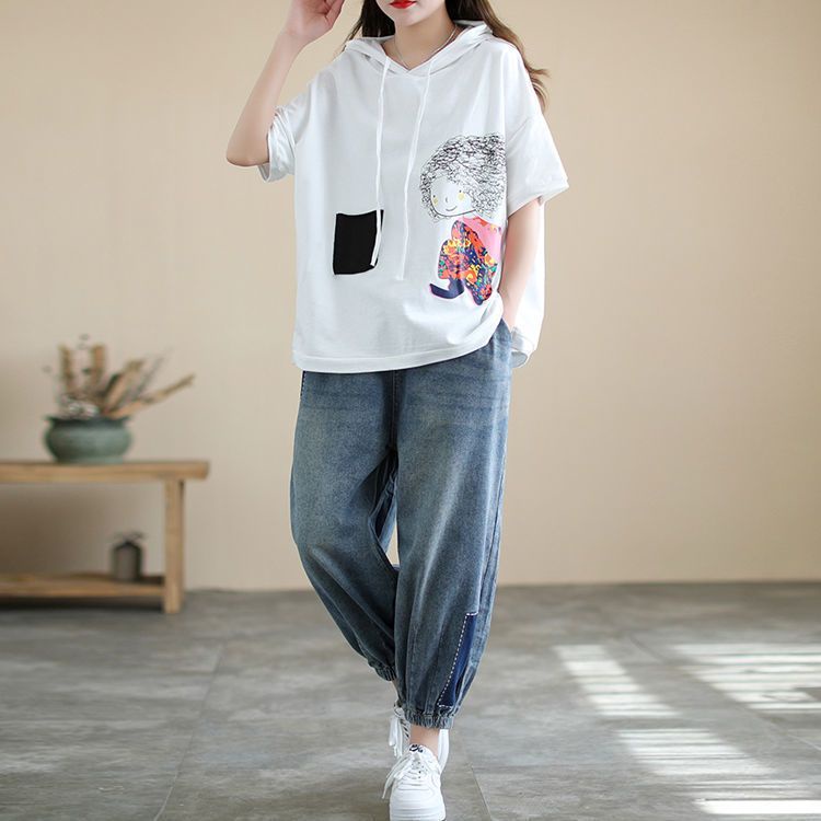 Áo Thun 100% Cotton Có Mũ Trùm Đầu Tay Ngắn Dáng Rộng Phong Cách Hàn Quốc Thời Trang Mùa Hè Hàng Mới
