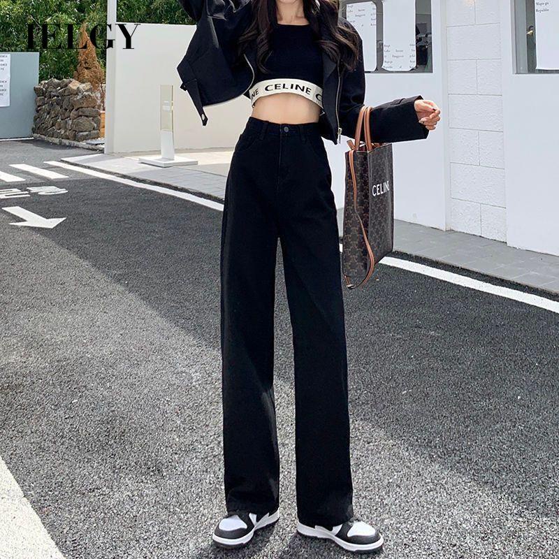 IELGYQuần Jean Đen Ống Rộng Lưng Cao Phong Cách Hàn Quốc Cho Nữ