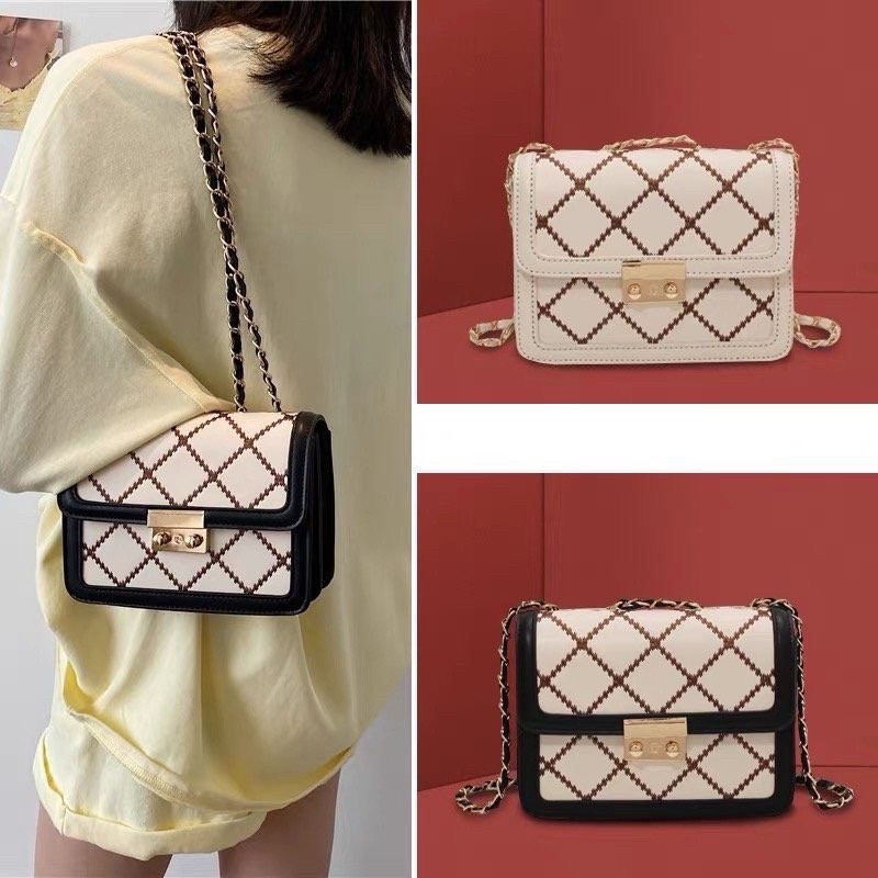 Túi xách nữ đeo chéo nữ 3 ngăn kẻ caro siêu xinh, Túi Sách đeo vai màu trắng kem dây da luồn xích phong cách Hàn quốc