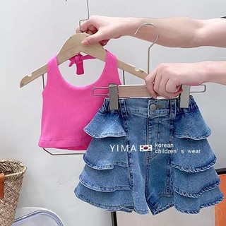 Set áo thun ngắn tay + quần yếm denim thời trang cho bé gái