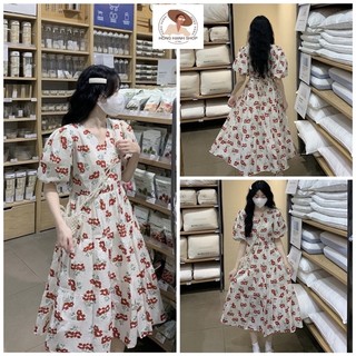 Váy hoa khuy ngọc tay bồng thắt nơ sau, váy dáng xoè tầng siêu xinh
