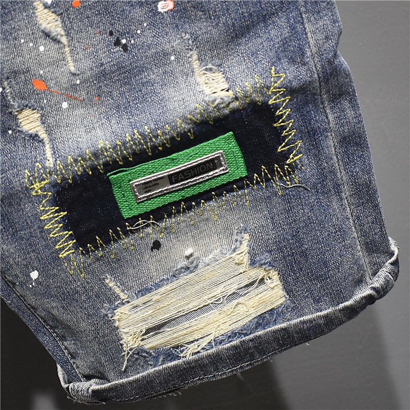 Quần Short Denim Rách Dáng Ôm Thêu Họa Tiết Thời Trang Mùa Hè 2023 Mới Cho Nam