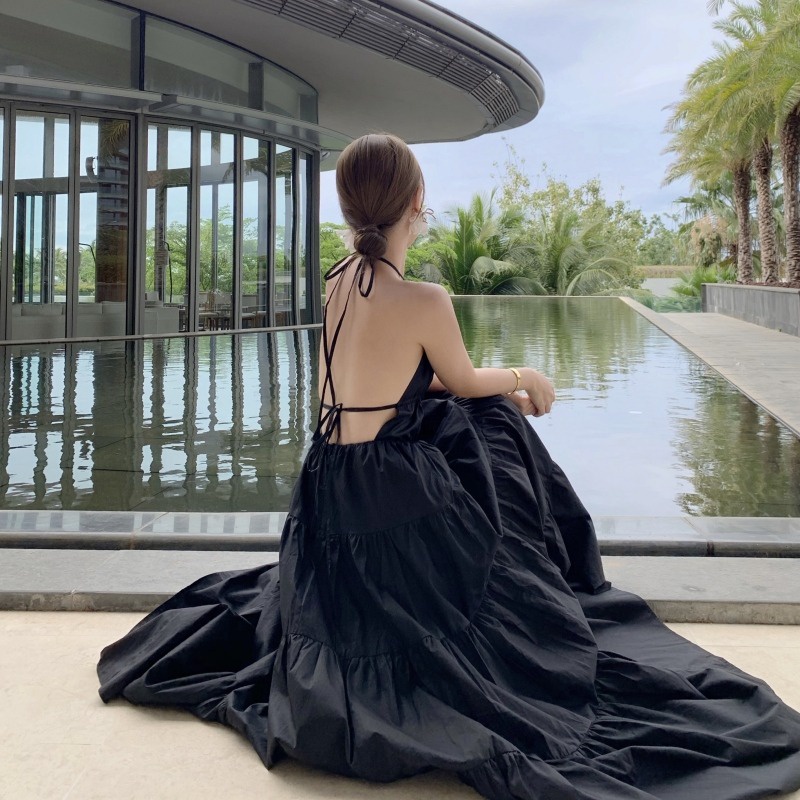 Váy_Hải Nam Tam Á ngách gợi cảm mỏng hở lưng đi biển váy treo cổ treo Đầm đi biển kỳ nghỉ ảnh váy dài
