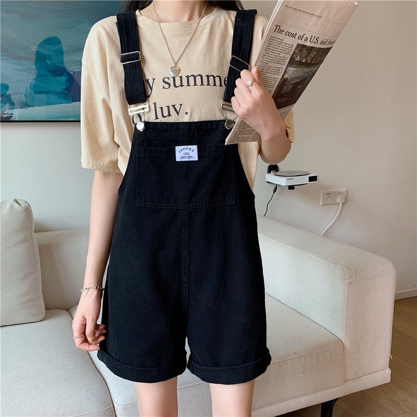 Quần Yếm Jeans Ngắn Ống Rộng Lưng Cao Màu Đen Thời Trang Mùa Hè Cho Nữ | BigBuy360 - bigbuy360.vn