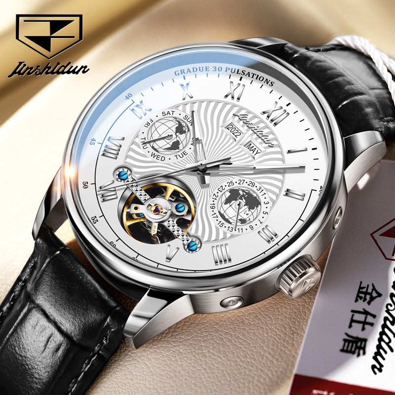 Đồng hồ Nam JSdun máy cơ size 40mm, dây da thoáng khí, chống nước 30m, bảo hành toàn quốc 12 tháng