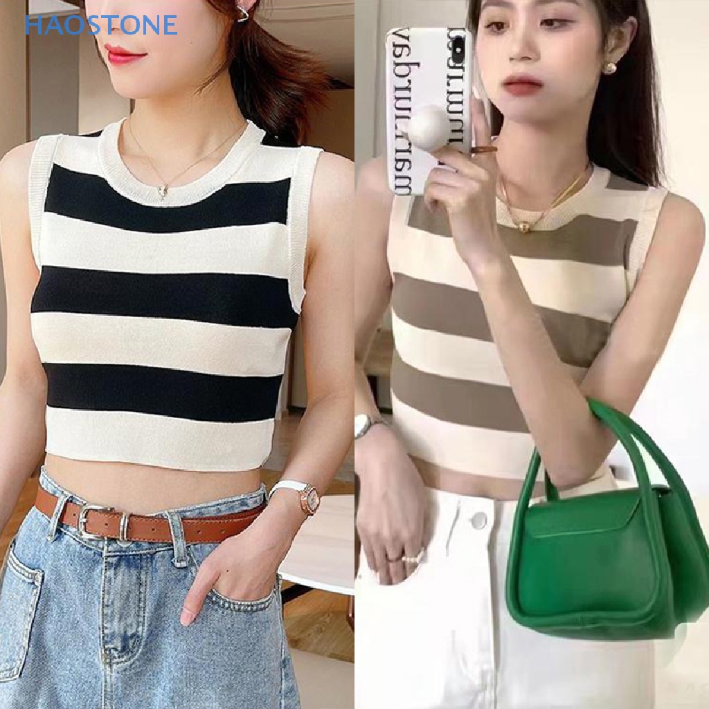 Áo Crop Top Dệt Kim Không Tay Cổ Tròn Họa Tiết Kẻ Sọc Thời Trang Mùa Hè Vintage Cho Nữ
