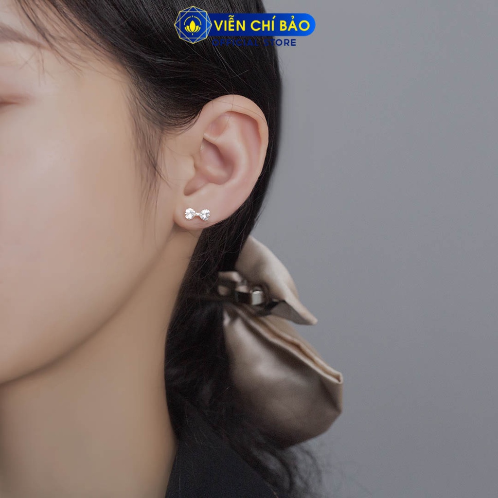 Bông tai nơ đính đá 2 chất liệu bạc 925 thời trang phụ kiện trang sức nữ Viễn Chí Bảo E0110
