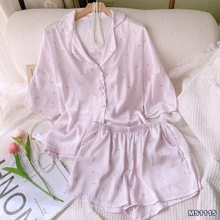 Bộ đồ ngủ pyjama maisleepwear lụa mặc nhà áo tay ngắn cánh dơi quần ngắn họa tiết hoa tím trẻ trung cao cấp ms1115
