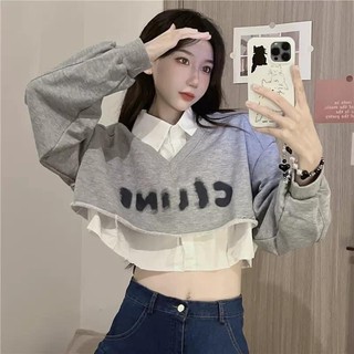 Set áo sơ mi crop kèm áo td xám