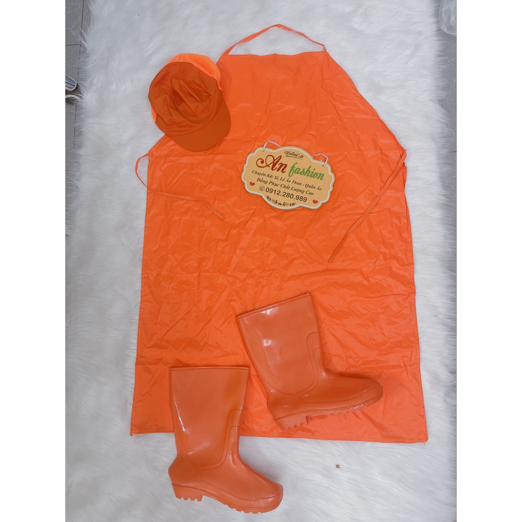 [Tạp dề+Nón+Ủng] Tạp dề nhựa, đồng phục thủy sản chống thấm nước màu cam_ Hình chụp thât