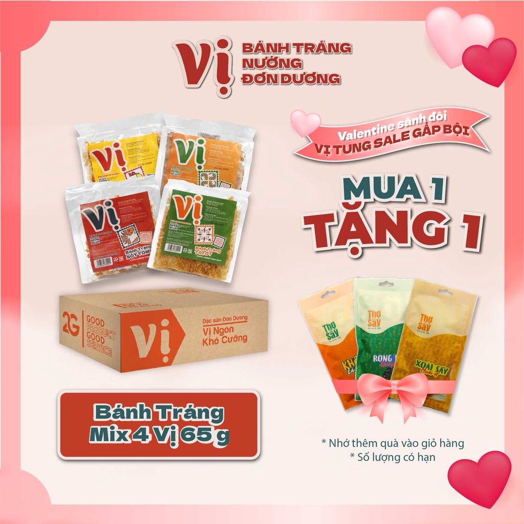 Thùng Bánh Tráng Mix 4 Vị Mắm Ruốc, Sốt Tôm, Gà Cay và Tỏi Ớt (10 Túi x 65g, 12 Túi x 80g) - Đặc Sản Đơn Dương