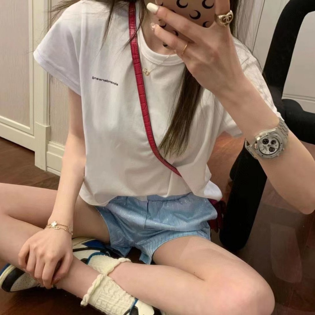 SHFK Alexander Wang 2023 early summer aw letter printing simple round neck T-shirt Zhao Liying same slim slim short sleeve bottoming top for women