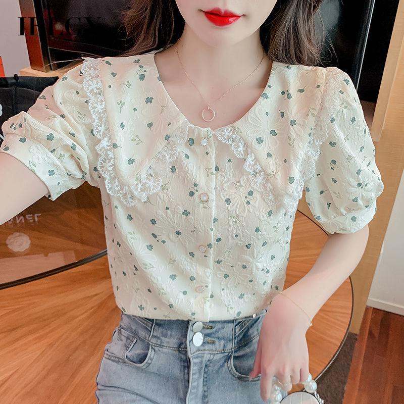 IELGY  Áo Kiểu Tay Phồng Ngắn In Hoa Thời Trang Cho Nữ