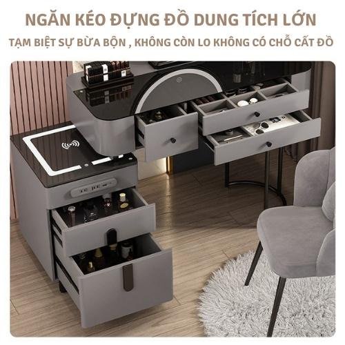 Bàn trang điểm kèm gương đèn Led cảm ứng 3 màu hiện đại, bàn phấn có tủ và ngăn kéo, kèm loa bluetooth sặc không dây